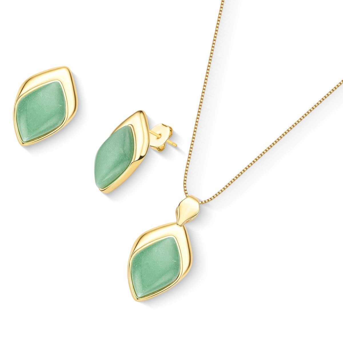 Conjunto Folha Folheado a Ouro com Ágata Azul Céu - modelo usando a peça