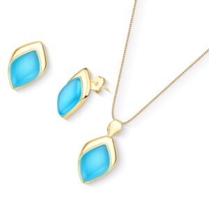 Conjunto Folha Folheado a Ouro com Ágata Azul Céu - conjunto com ágata azul céu