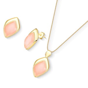 Conjunto Folha Folheado a Ouro com Quartzo Rosa - conjunto com quartzo rosa