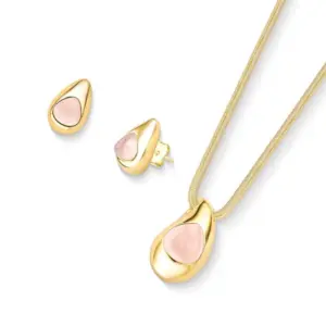 Conjunto de Colar e Brincos Gota Quartzo Rosa