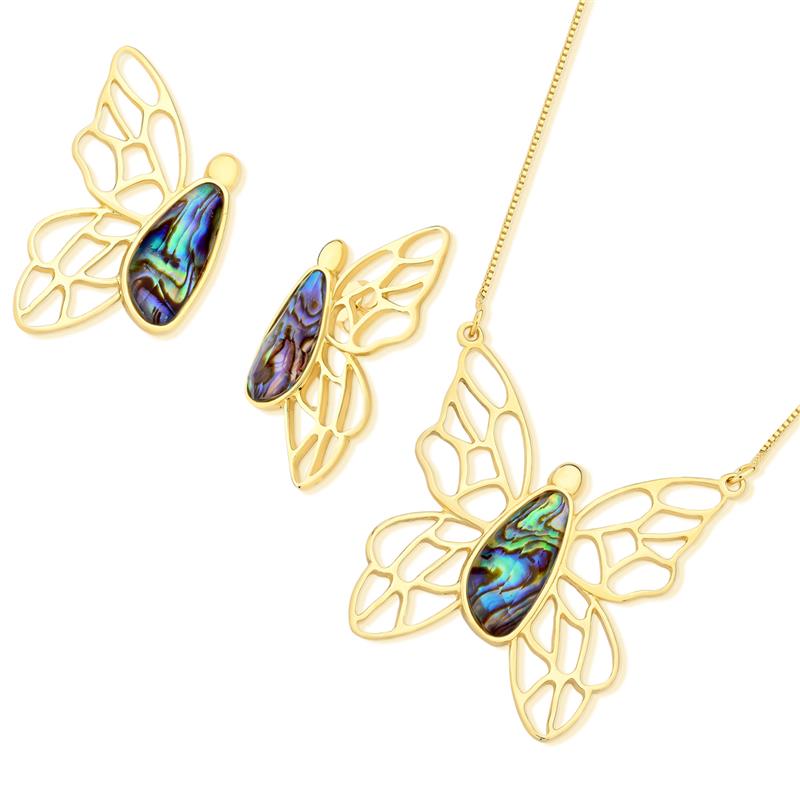 Conjunto Borboleta Folheado a Ouro com Concha Abalone - brincos e colar