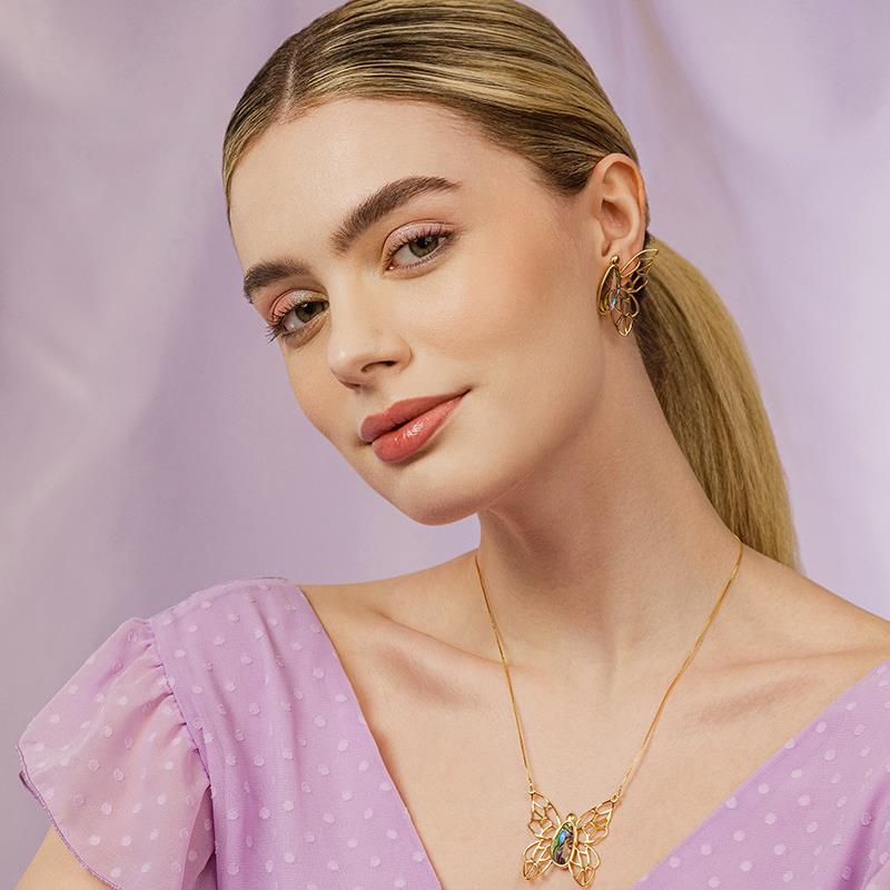 Conjunto Borboleta Folheado a Ouro com Concha Abalone - modelo