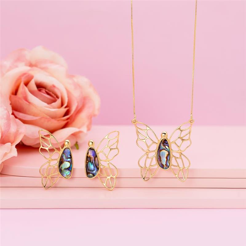 Conjunto Borboleta Folheado a Ouro com Concha Abalone - brincos e pingente