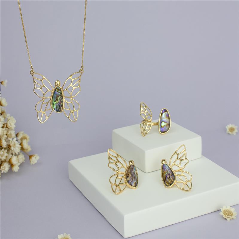 Conjunto Borboleta Folheado a Ouro com Concha Abalone - conjunto exposto