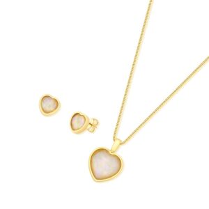 Conjunto Coração Facetado Folheado a Ouro com Opala do Mar - conjunto com opala do mar