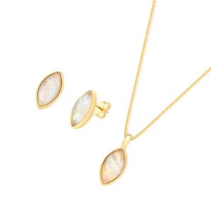 Conjunto Navete Facetado Folheado a Ouro com Opala do Mar - conjunto com opala do mar
