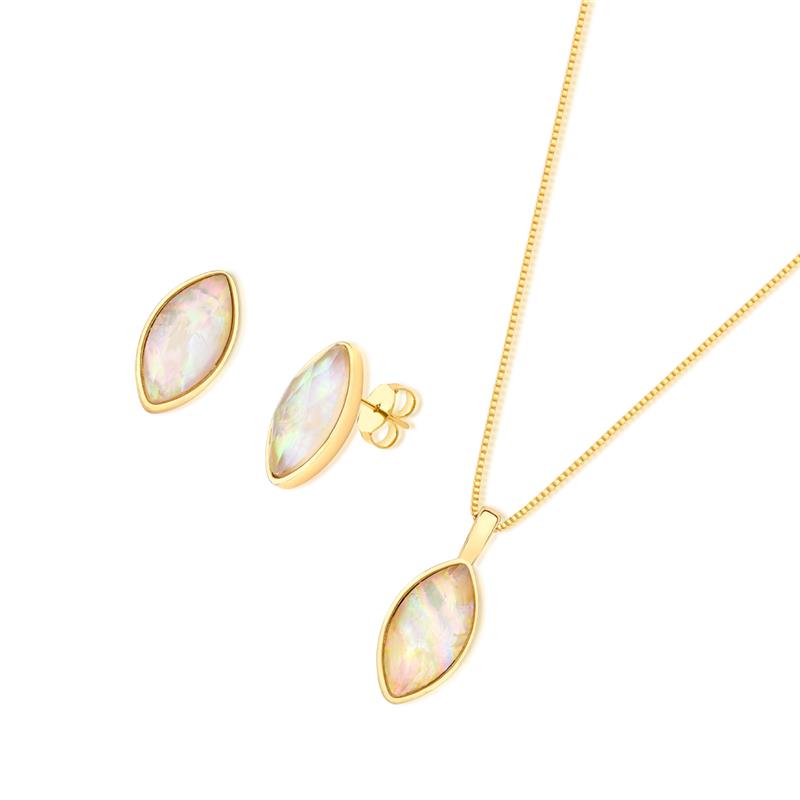 Conjunto Navete Facetado Folheado a Ouro com Opala do Mar - conjunto com opala do mar