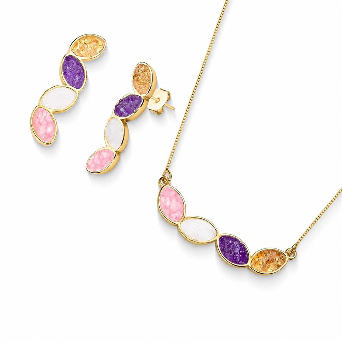 Conjunto Folheado a Ouro com Citrino, Ametista, Selenita e Quartzo Rosa - conjunto