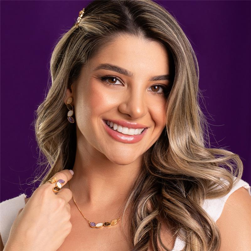 Conjunto Folheado a Ouro com Citrino, Ametista, Selenita e Quartzo Rosa - modelo