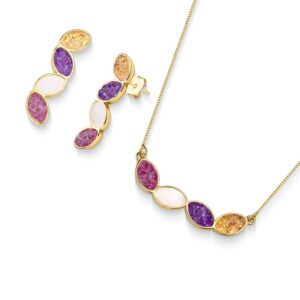 Conjunto Folheado a Ouro com Citrino, Ametista, Selenita e Quartzo Rosa - brincos e colar