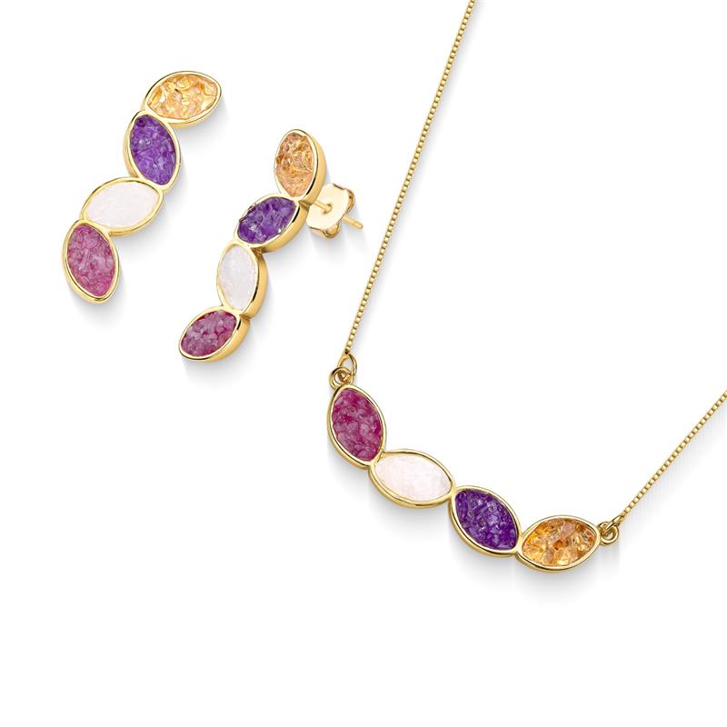 Conjunto Folheado a Ouro com Citrino, Ametista, Selenita e Quartzo Rosa - brincos e colar