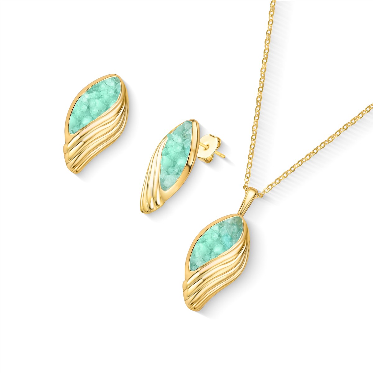 Conjunto Folha Florir Folheado a Ouro com Amazonita Verde - conjunto com amazonita verde