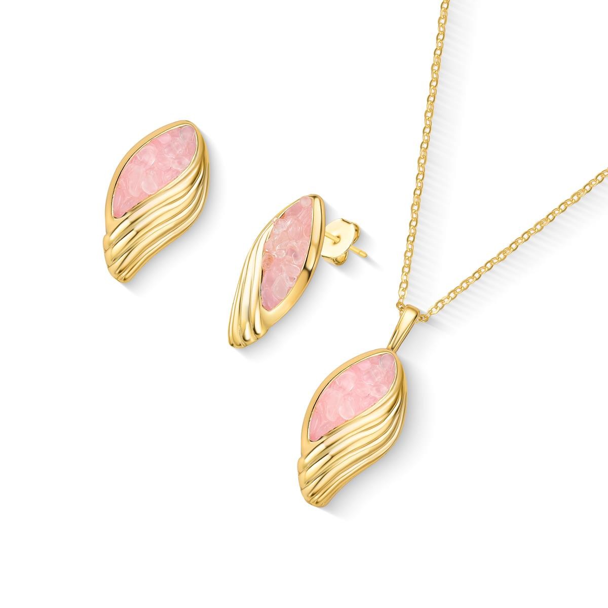 Conjunto Folha Florir Folheado a Ouro com Quartzo Rosa - conjunto com quartzo rosa