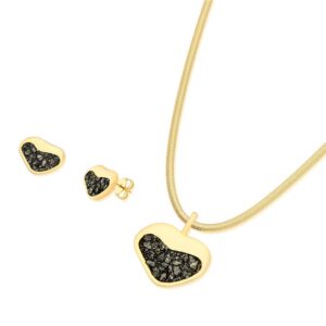 Conjunto Coração Folheado a Ouro com Pirita - brincos e colar com pirita