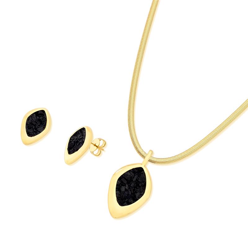 Conjunto Fragmentos Gota Folheado a Ouro com Turmalina Negra - conjunto com turmalina negra