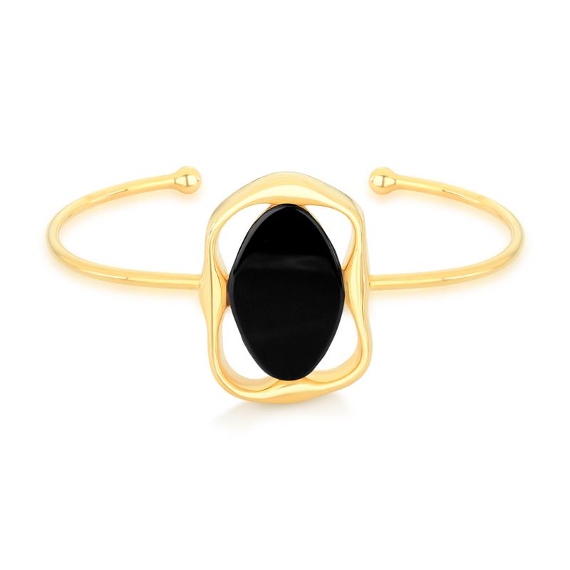 Bracelete Geométrico Folheado a Ouro com Ágata Preta - pulseira com ágata preta
