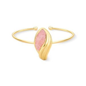 Bracelete Folha Florir Folheado a Ouro com Quartzo Rosa