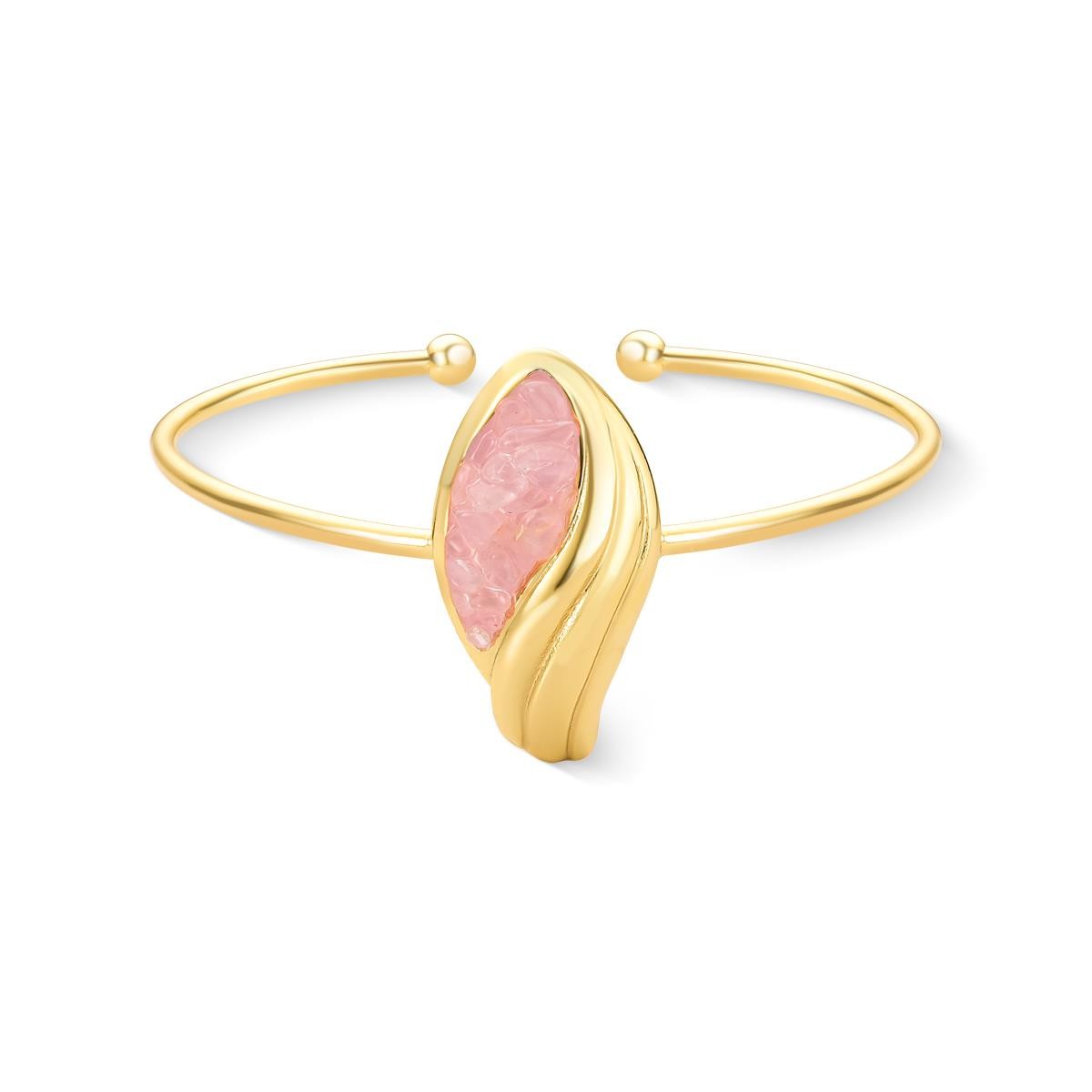 Bracelete Folha Florir Folheado a Ouro com Quartzo Rosa - pulseira com quartzo rosa