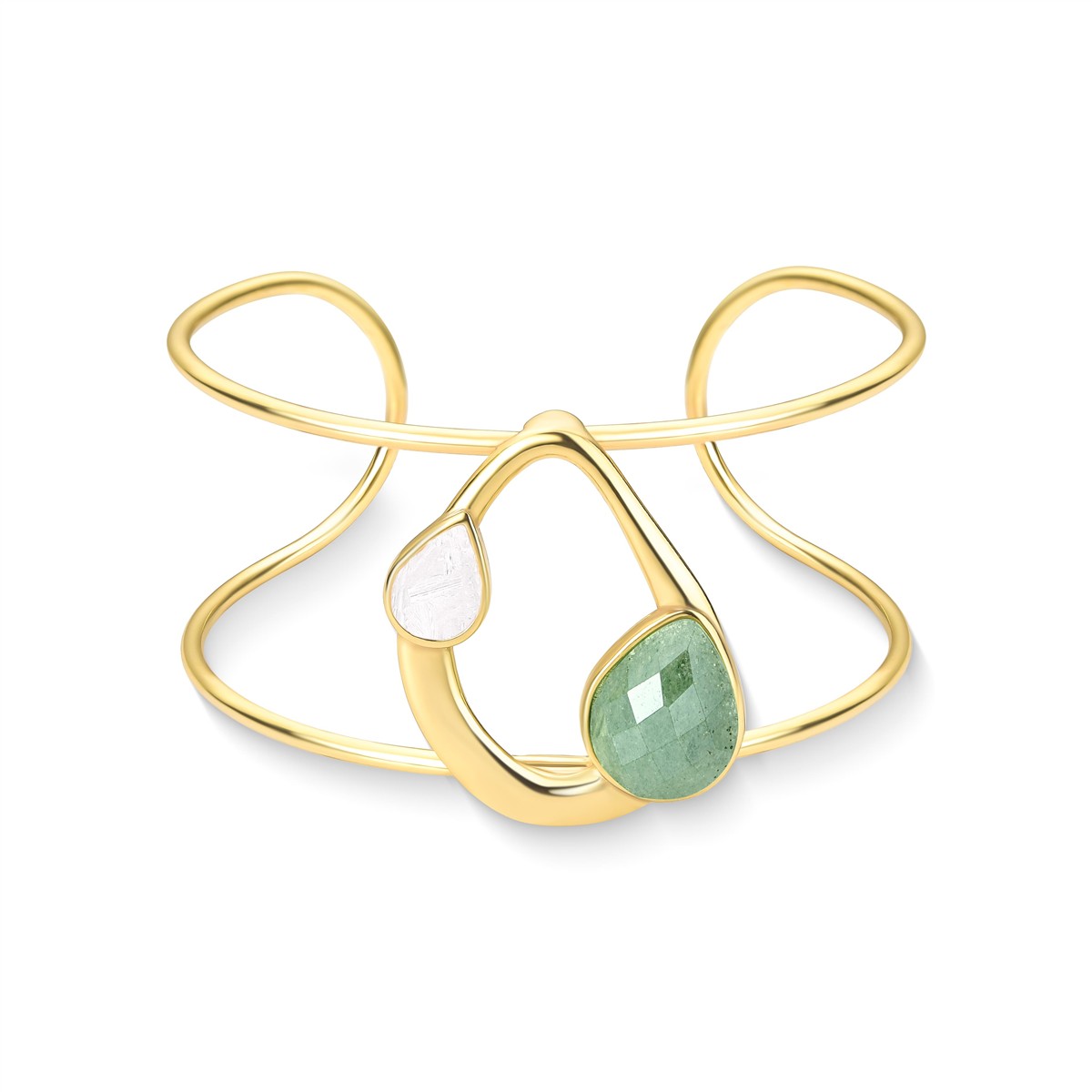 Bracelete Duna Folheado a Ouro com Selenita e Quartzo Verde - pulseira com selenita e quartzo verde