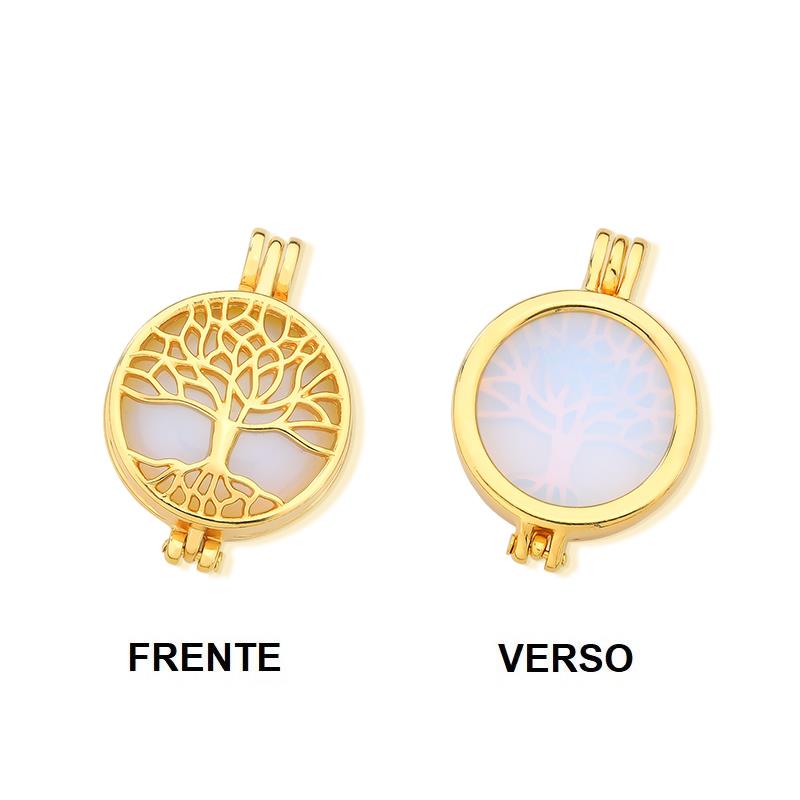 Combo Relicário Árvore da Vida Folheado a Ouro com 7 Pedras Sortidas e Corrente Veneziana - pingente Árvore da Vida, frente e verso