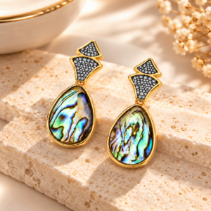 Brinco Gota Concha Abalone Folheado a Ouro
