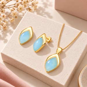 Conjunto Folha Folheado a Ouro com Ágata Azul Céu