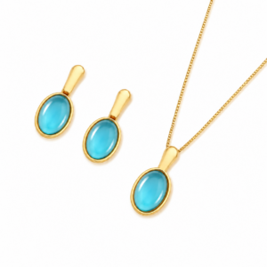 Conjunto Oval Grande Folheado a Ouro com Ágata Azul Céu