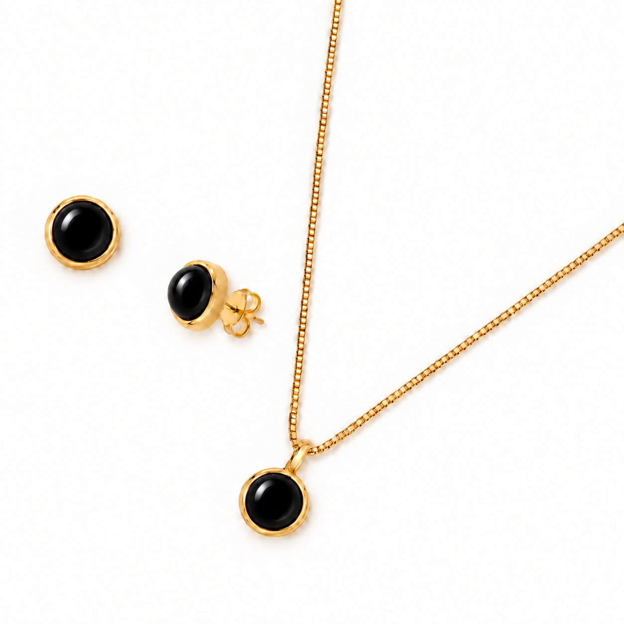 Conjunto Redondo 10 mm Folheado a Ouro com Ágata Preta