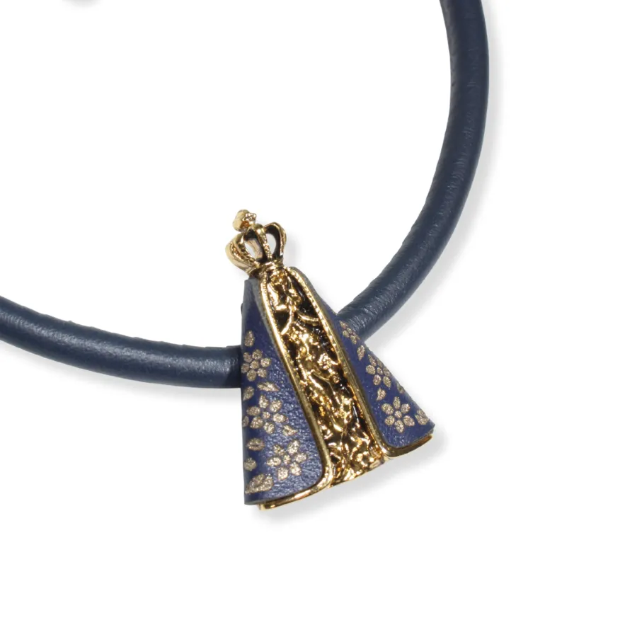 Colar Nossa Senhora Aparecida em Couro com Pingente Banhado