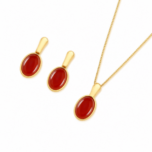 Conjunto Oval Grande Folheado a Ouro com Ágata Vermelha