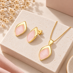 Conjunto Folha Folheado a Ouro com Quartzo Rosa