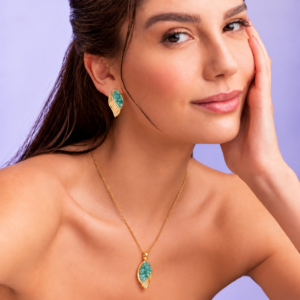 Conjunto Folha Florir Folheado a Ouro com Amazonita Verde