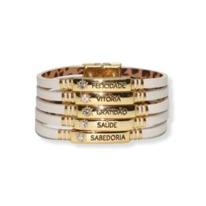 Pulseira de Couro Virtudes com Pedrarias e Fecho Magnético