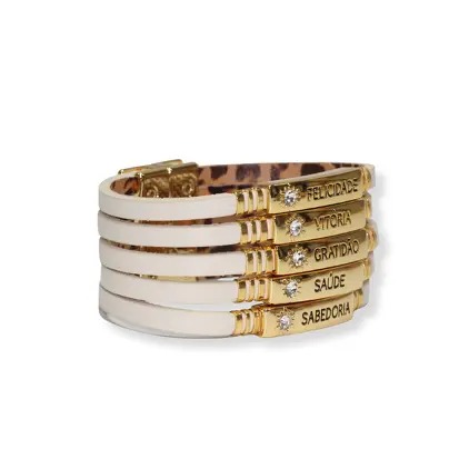 Pulseira de Couro Virtudes com Pedrarias e Fecho Magnético