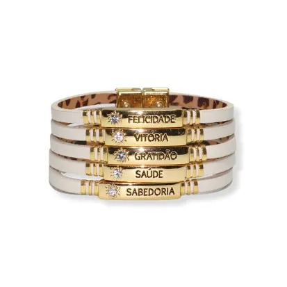Pulseira de Couro Virtudes com Pedrarias e Fecho Magnético