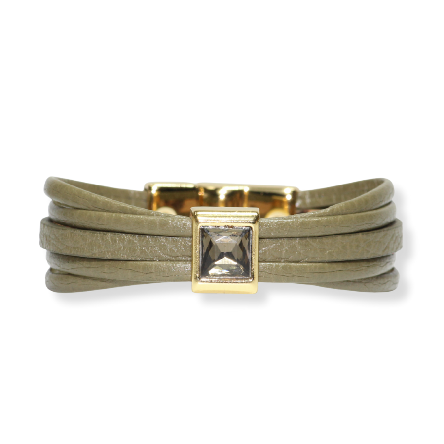 Pulseira de Couro Pedra Quadrada Solitária Verde Musgo - detalhe da pulseira