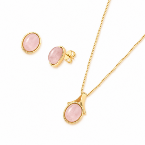 Conjunto Oval Folheado a Ouro com Quartzo Rosa