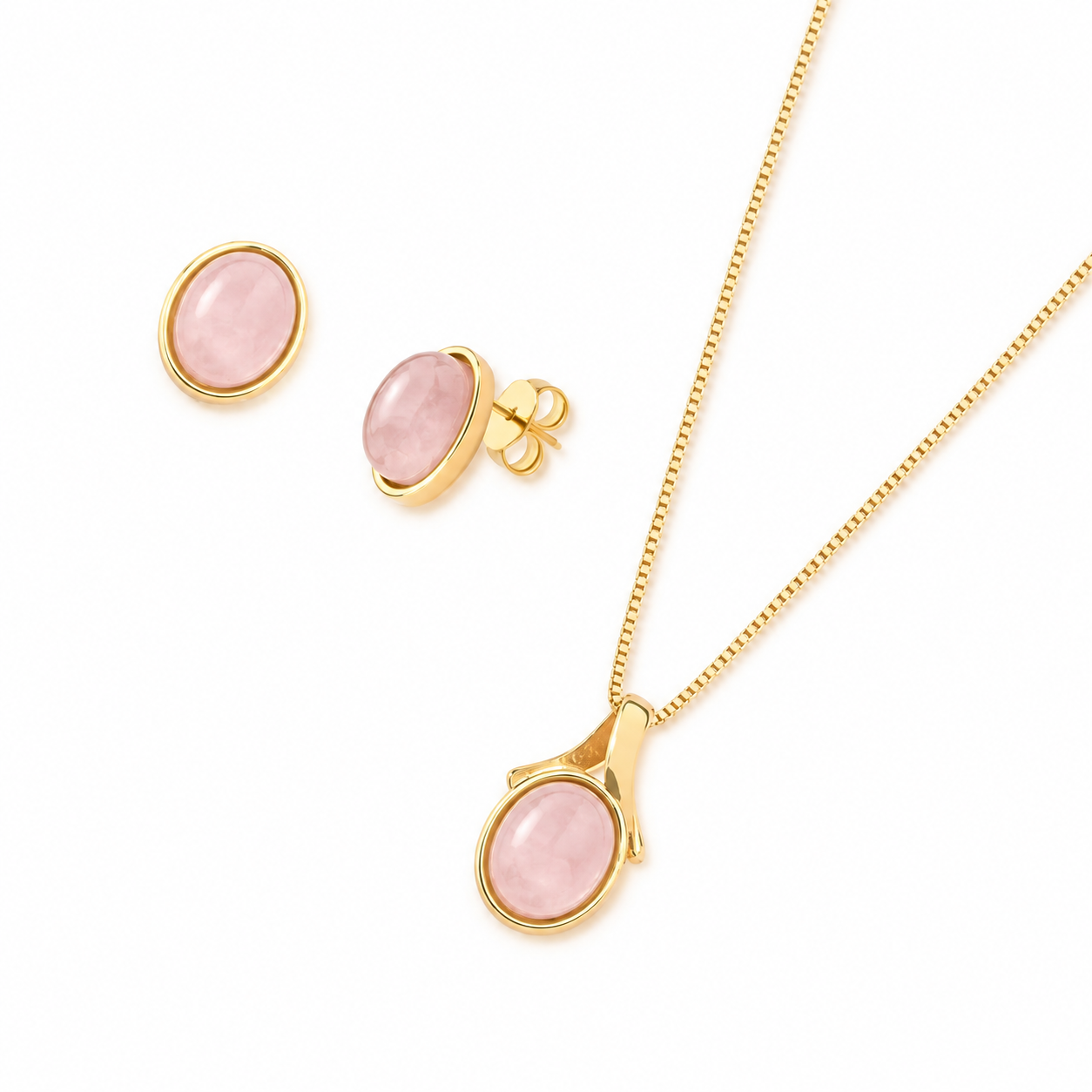 Conjunto Oval Folheado a Ouro com Quartzo Rosa