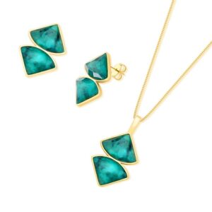 Conjunto Eterna Geométrico Folheado a Ouro com Esmeralda