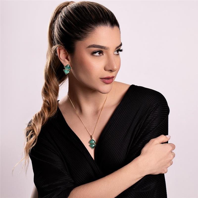 Conjunto Eterna Geométrico Folheado a Ouro com Esmeralda - modelo