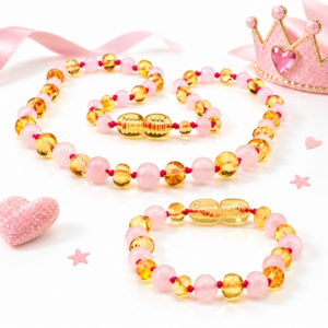 Kit com 1 colar e 1 pulseira de âmbar para bebê barroco limão polido com quartzo rosa